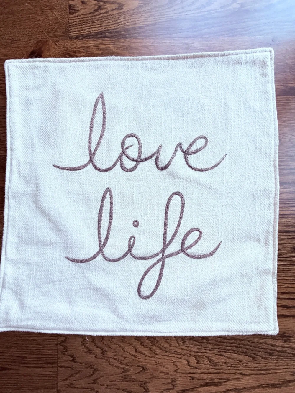 Love Life Embroidered pillow Cover - Cream with taupe Script